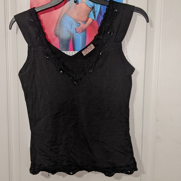 Lipstick Boutique Tops - Lipstick Black With Lace Sequin Trim Cropped Sleeveless V Neck Top